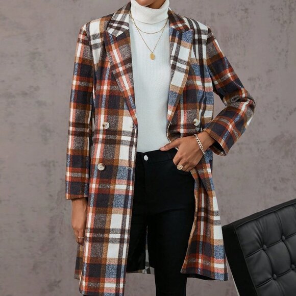 Casual Plaid Double Breasted Overcoat Rust Brown - Picture 1 of 5